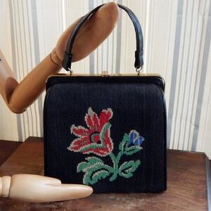 Vintage Tapestry Needlepoint Crown Lewis 50's Mid Century Handbag
